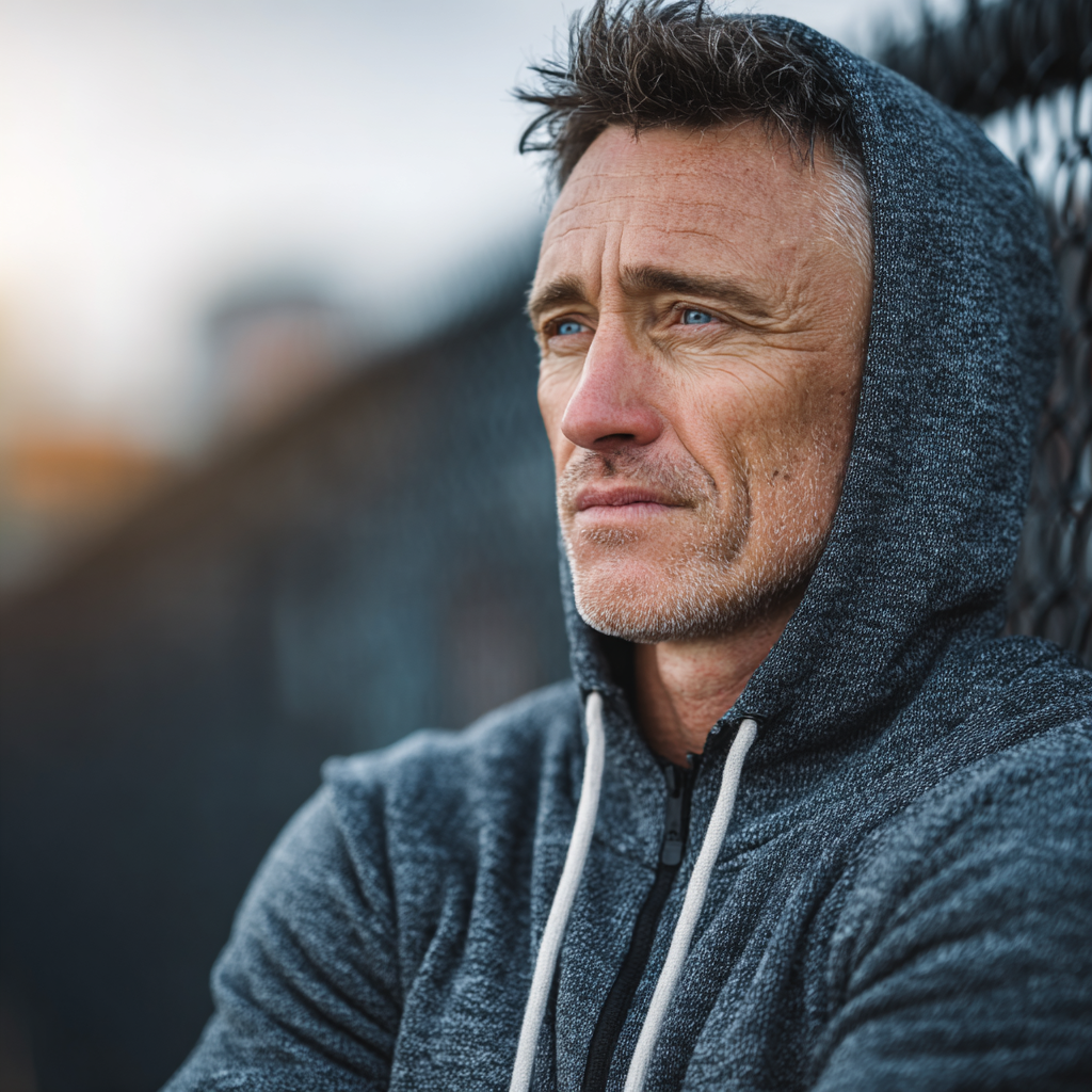 Confident man in his early 50s doing morning workout outdoors in park, athletic wear, healthy and active lifestyle, natural daylight