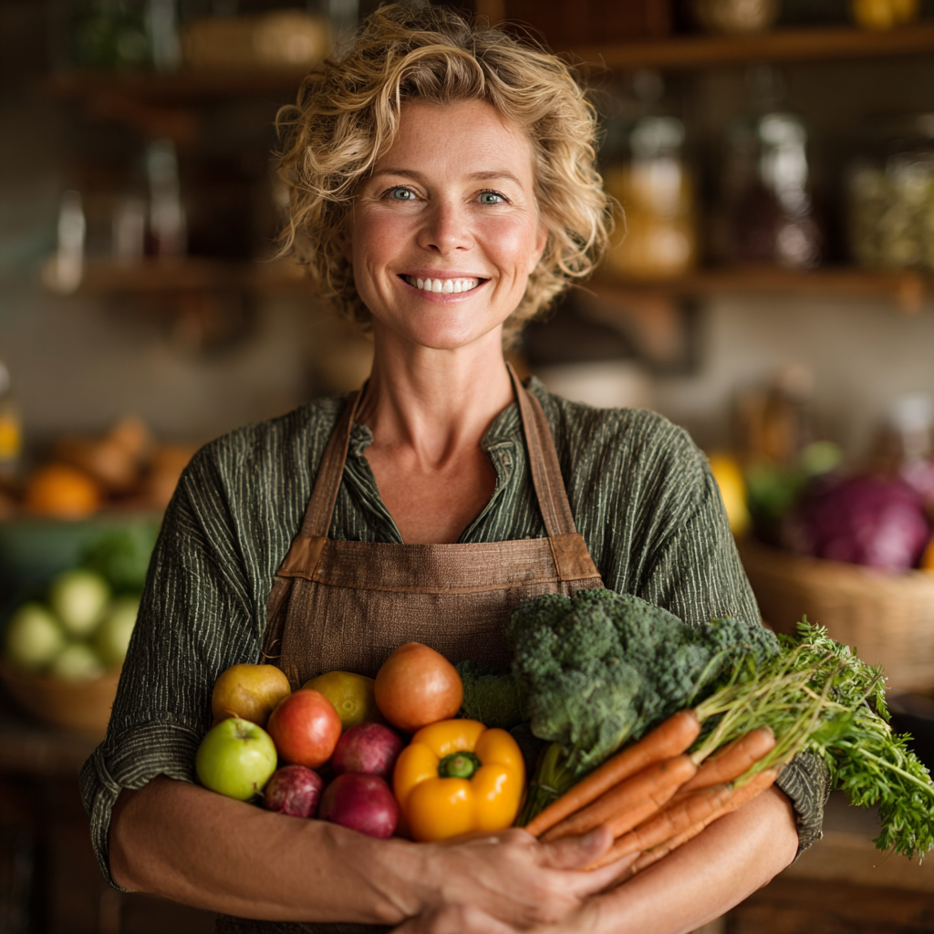 Happy woman in her late 40s holding fresh vegetables and fruits in her kitchen, wearing apron, smiling at camera, healthy lifestyle concept