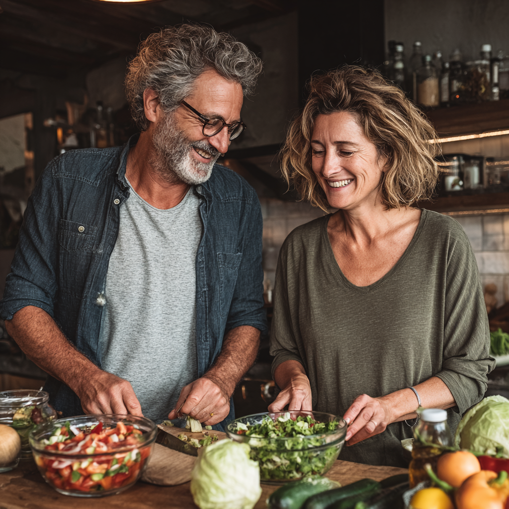 Smiling middle-aged couple in their 50s preparing healthy salad together in modern kitchen, wearing casual clothes, happy and healthy lifestyle
